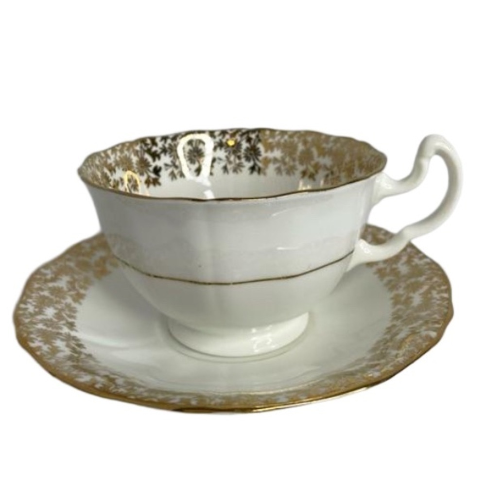Vintage Adderley Lawley Tea Cup/Saucer England Bone China White/Gold Excellent